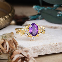 Nature-Inspired Luxury 4-Prong Oval-Cut Amethyst Engagement Ring Set