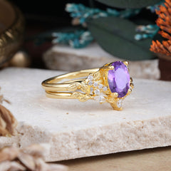 Nature-Inspired Luxury 4-Prong Oval-Cut Amethyst Engagement Ring Set