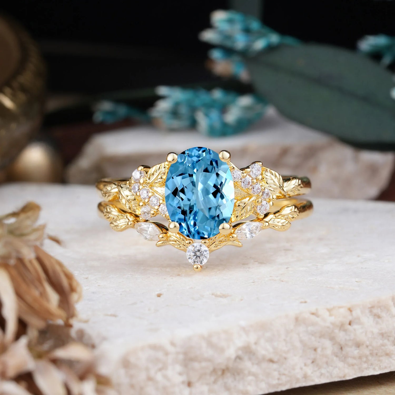 Nature-Inspired Luxury 4-Prong Oval-Cut Aquamarine Bridal Ring Set