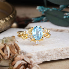 Nature-Inspired Luxury 4-Prong Oval-Cut Aquamarine Engagement Ring Set