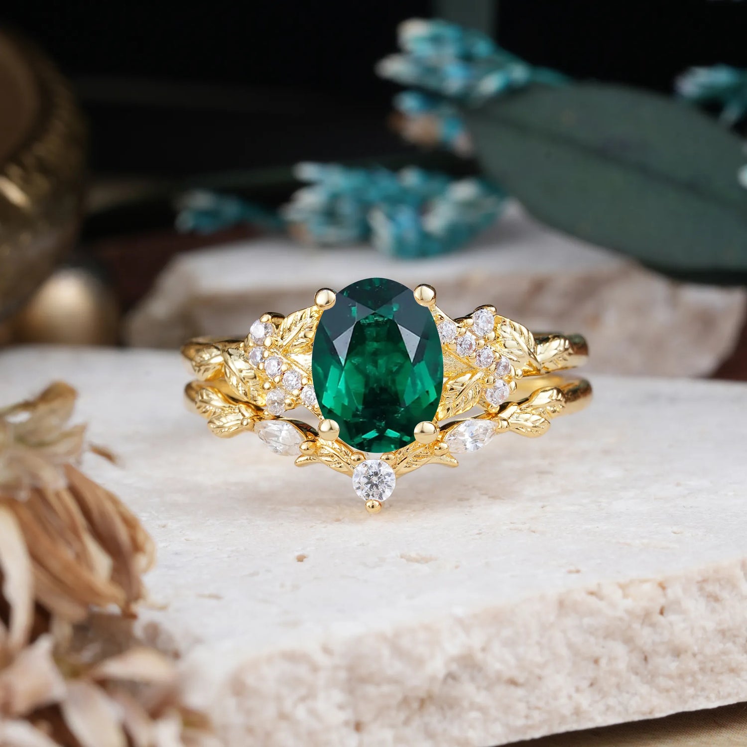 Nature-Inspired Luxury 4-Prong Oval-Cut Emerald Bridal Ring Set