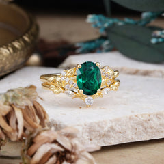 Nature-Inspired Luxury 4-Prong Oval-Cut Emerald Engagement Ring Set
