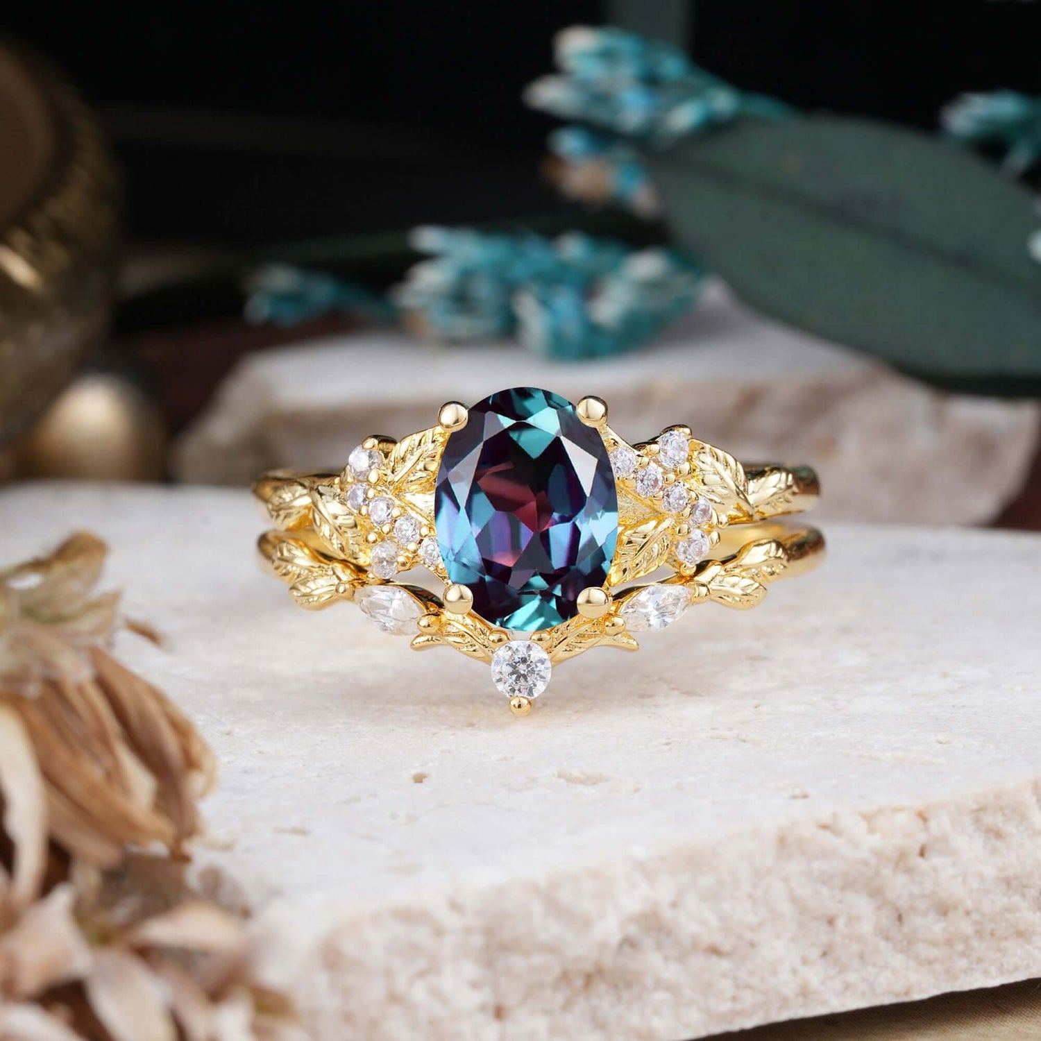 Nature-Inspired Luxury 4-Prong Oval-Cut Alexandrite Bridal Ring Set