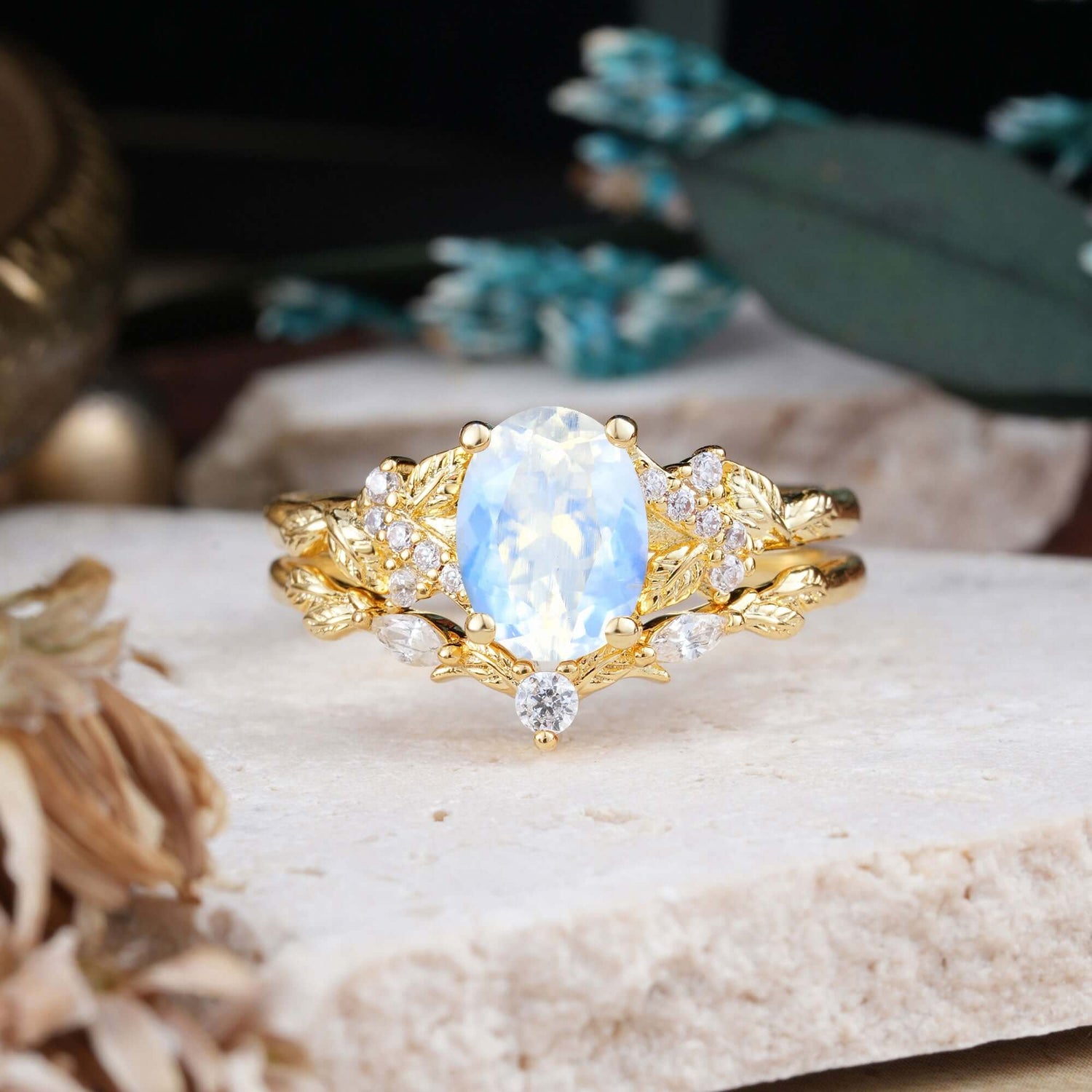 Nature-Inspired Luxury 4-Prong Oval-Cut Moonstone Bridal Ring Set