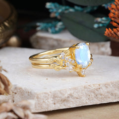 Nature-Inspired Luxury 4-Prong Oval-Cut Moonstone Engagement Ring Set