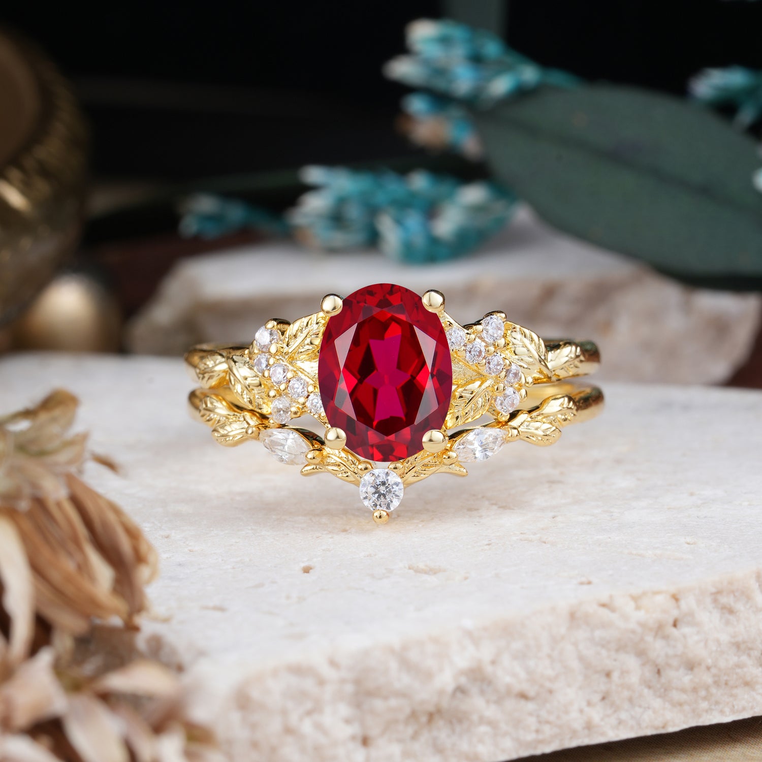Nature-Inspired Luxury 4-Prong Oval-Cut Ruby Bridal Ring Set