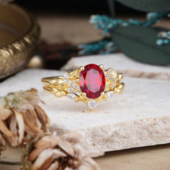 Nature-Inspired Luxury 4-Prong Oval-Cut Ruby Engagement Ring Set