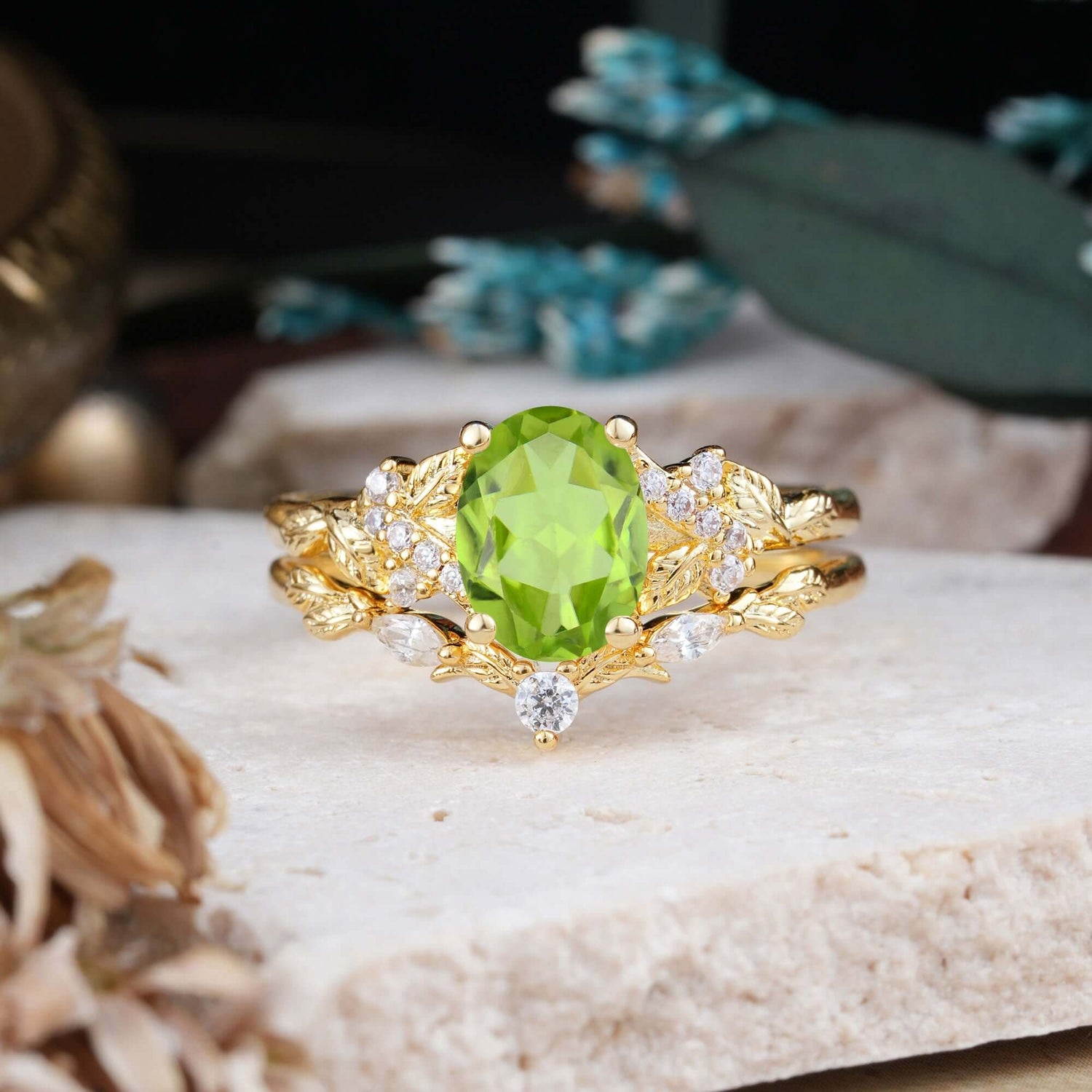 Nature-Inspired Luxury 4-Prong Oval-Cut Peridot Bridal Ring Set