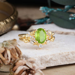 Nature-Inspired Luxury 4-Prong Oval-Cut Peridot Engagement Ring Set