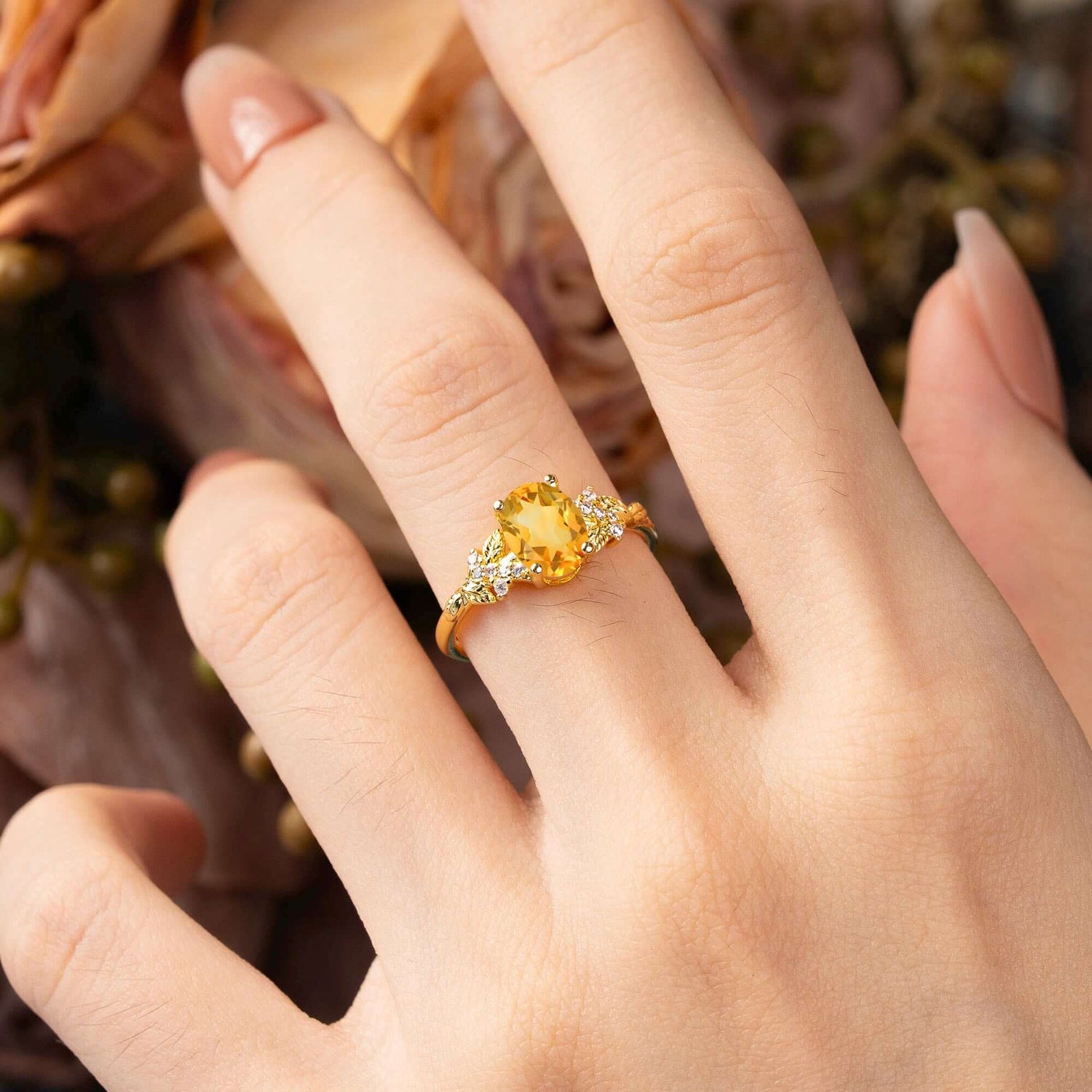 Nature-Inspired Luxury 4-Prong Oval-Cut Citrine Bridal Ring Set