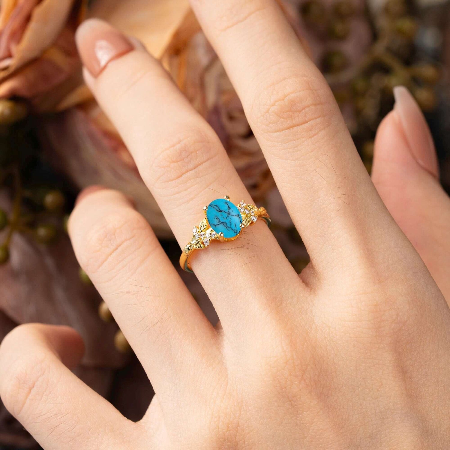 Nature-Inspired Luxury 4-Prong Oval-Cut Turquoise Bridal Ring Set
