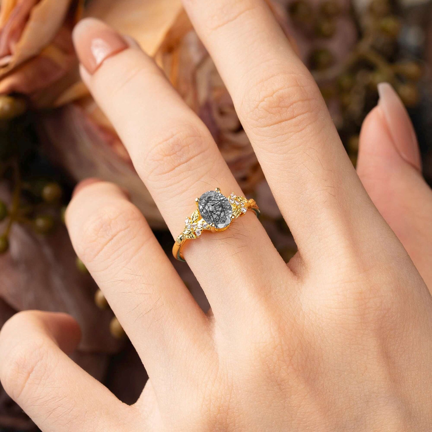Nature-Inspired Luxury 4-Prong Oval-Cut Black Rutilated Quartz Bridal Ring Set