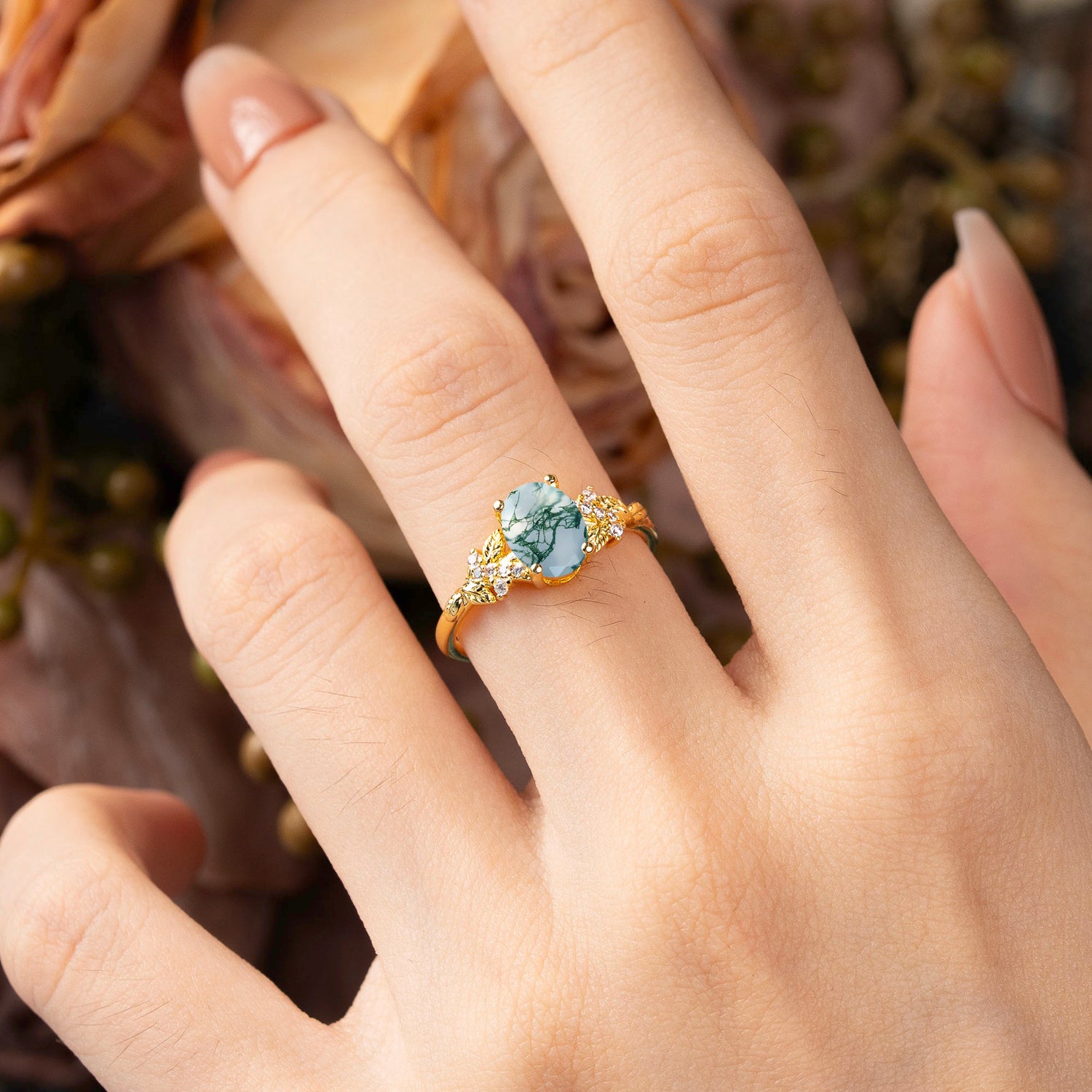 Nature-Inspired Luxury 4-Prong Oval-Cut Natural Moss Agate Bridal Ring Set