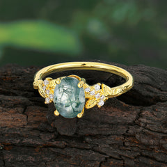 Nature-Inspired Luxury 4-Prong Oval-Cut Natural Moss Agate Engagement Ring