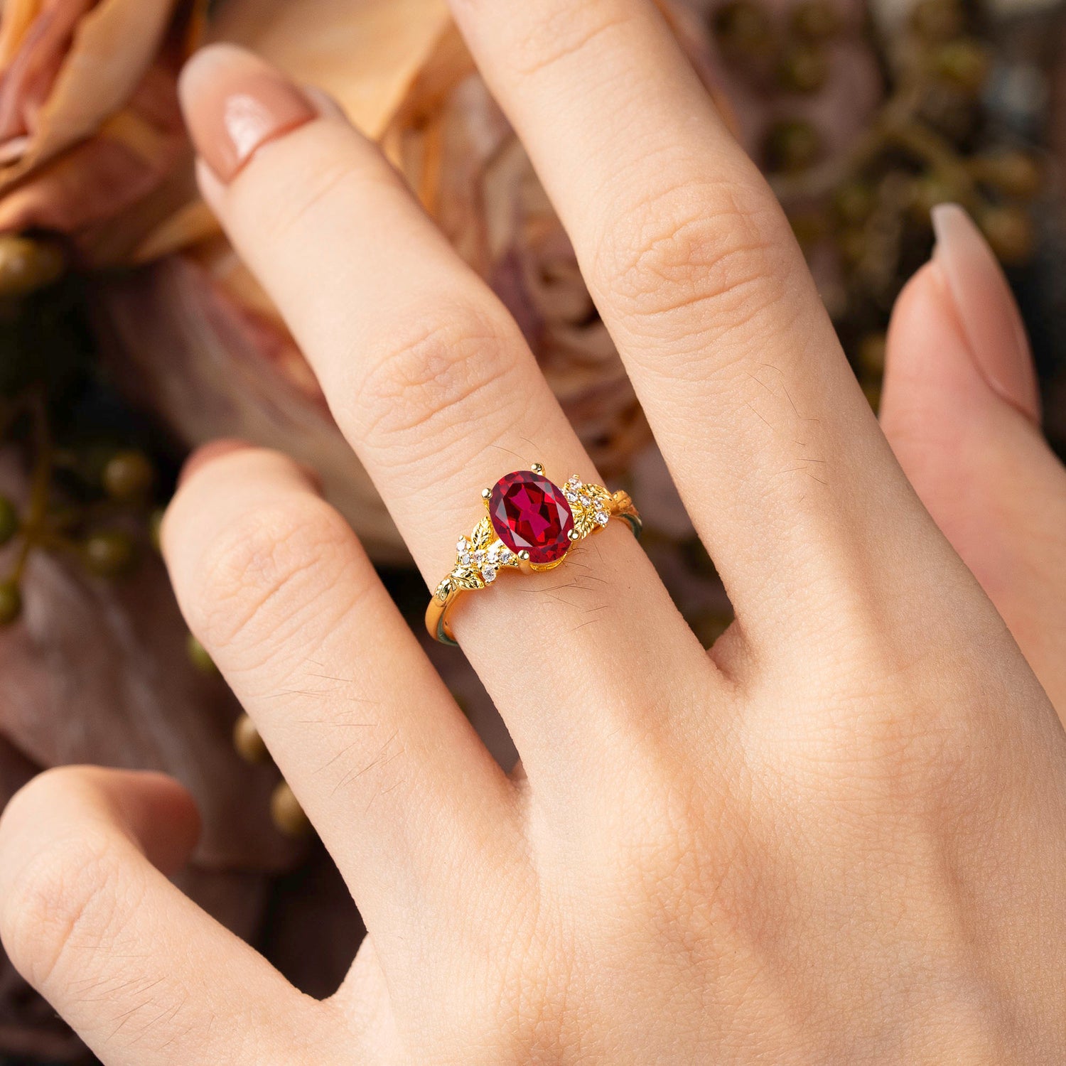 Nature-Inspired Luxury 4-Prong Oval-Cut Ruby Bridal Ring Set