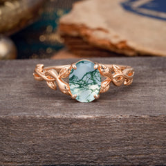 Nature-inspired Botanical Vine Entwined 4-Prong Oval-Cut Natural Moss Agate Engagement Ring