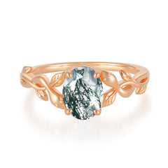 Nature-inspired Botanical Vine Entwined 4-Prong Oval-Cut Natural Moss Agate Engagement Ring