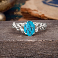 Nature-inspired Botanical Vine Entwined 4-Prong Oval-Cut Turquoise Engagement Ring