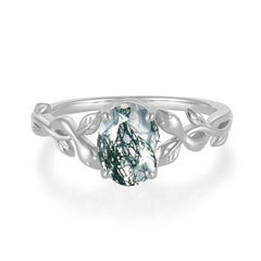 Nature-inspired Botanical Vine Entwined 4-Prong Oval-Cut Natural Moss Agate Engagement Ring