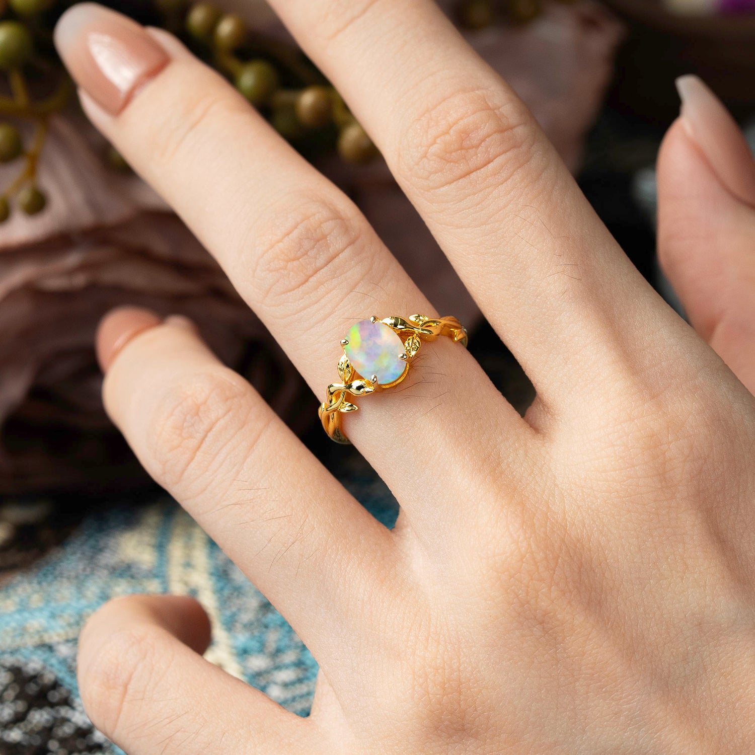 Nature-inspired Botanical Vine Entwined 4-Prong Oval-Cut Opal Engagement Ring