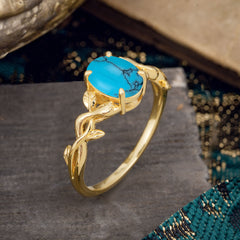 Nature-inspired Botanical Vine Entwined 4-Prong Oval-Cut Turquoise Engagement Ring