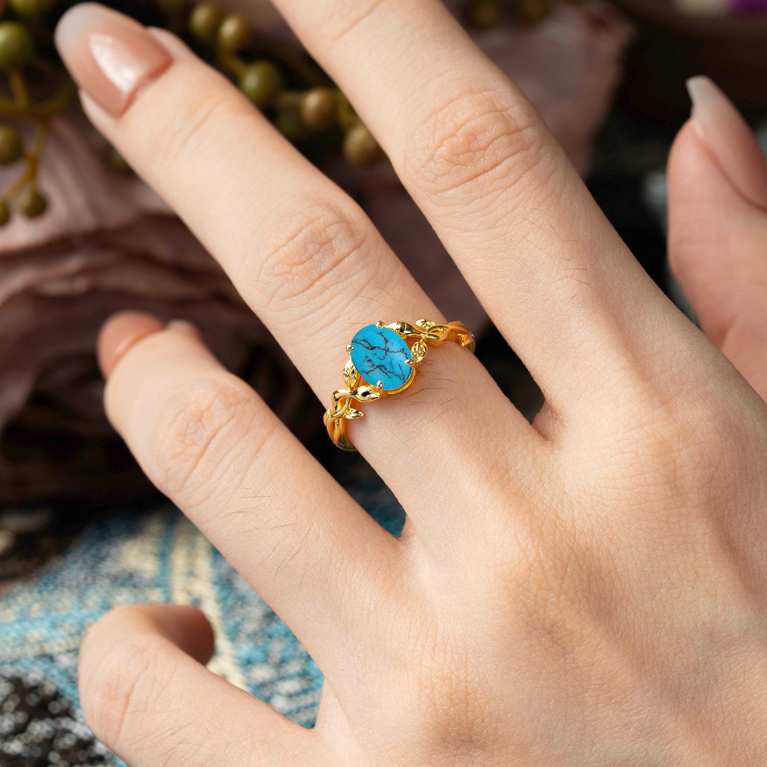 Nature-inspired Botanical Vine Entwined 4-Prong Oval-Cut Turquoise Engagement Ring
