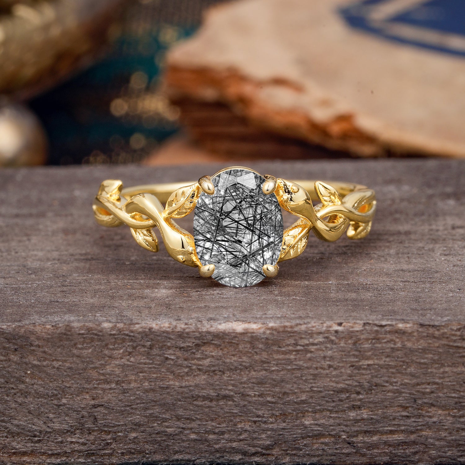Nature-inspired Botanical Vine Entwined 4-Prong Oval-Cut Black Rutilated Quartz Engagement Ring