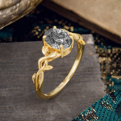 Nature-inspired Botanical Vine Entwined 4-Prong Oval-Cut Black Rutilated Quartz Engagement Ring