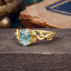Nature-inspired Botanical Vine Entwined 4-Prong Oval-Cut Natural Moss Agate Engagement Ring
