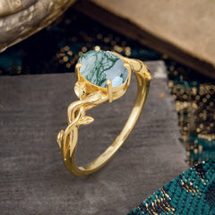 Nature-inspired Botanical Vine Entwined 4-Prong Oval-Cut Natural Moss Agate Engagement Ring