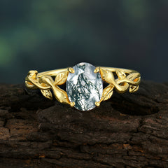 Nature-inspired Botanical Vine Entwined 4-Prong Oval-Cut Natural Moss Agate Engagement Ring