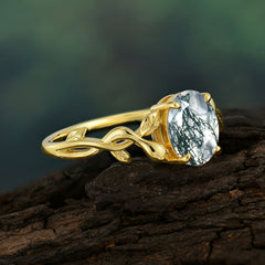 Nature-inspired Botanical Vine Entwined 4-Prong Oval-Cut Natural Moss Agate Engagement Ring