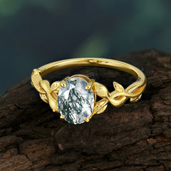 Nature-inspired Botanical Vine Entwined 4-Prong Oval-Cut Natural Moss Agate Engagement Ring