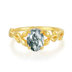 Nature-inspired Botanical Vine Entwined 4-Prong Oval-Cut Natural Moss Agate Engagement Ring