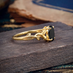 Nature-inspired Botanical Vine Entwined 4-Prong Oval-Cut Black Onyx Engagement Ring