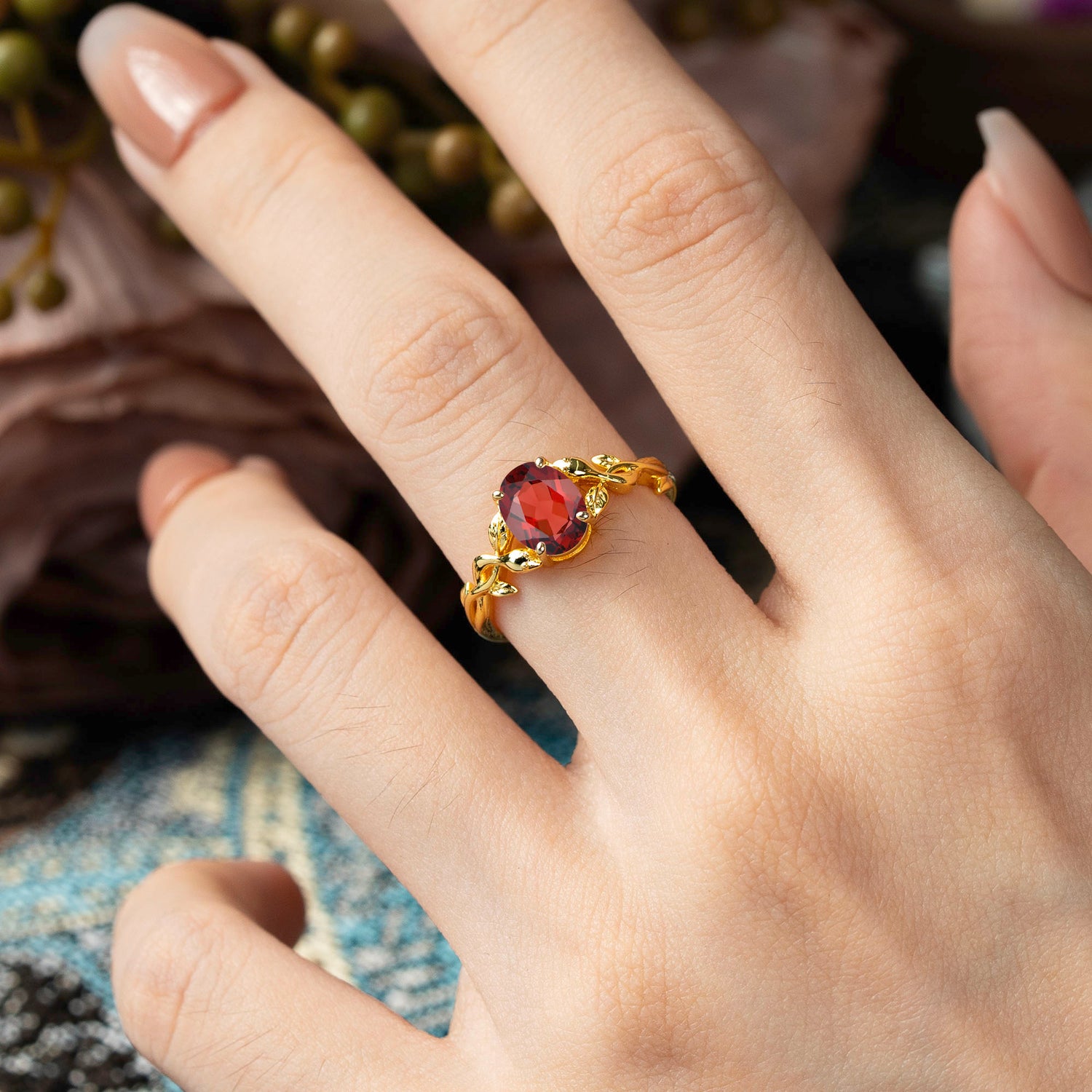 Nature-inspired Botanical Vine Entwined 4-Prong Oval-Cut Garnet Engagement Ring