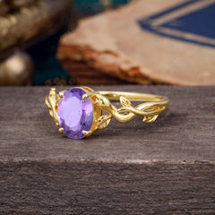 Nature-inspired Botanical Vine Entwined 4-Prong Oval-Cut Amethyst Engagement Ring
