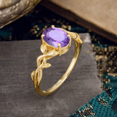 Nature-inspired Botanical Vine Entwined 4-Prong Oval-Cut Amethyst Engagement Ring