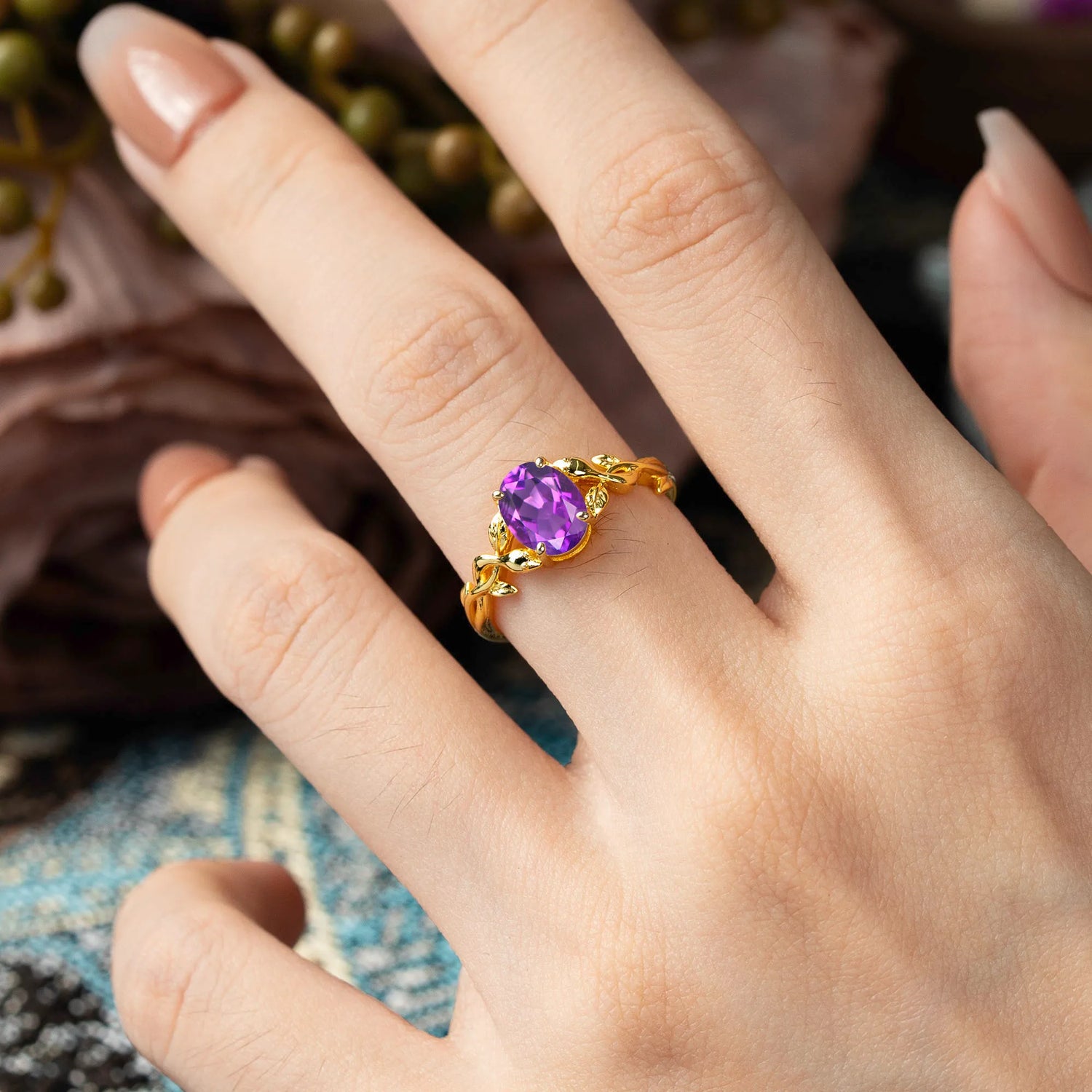 Nature-inspired Botanical Vine Entwined 4-Prong Oval-Cut Amethyst Engagement Ring