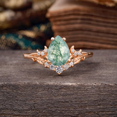 Nature and Moon-Inspired 4-Prong Pear-Cut Natural Moss Agate Engagement Ring