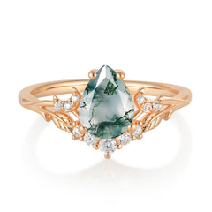 Nature and Moon-Inspired 4-Prong Pear-Cut Natural Moss Agate Engagement Ring