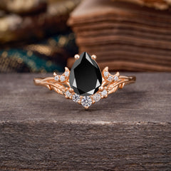 Nature and Moon-Inspired 4-Prong Pear-Cut Natural Black Onyx Engagement Ring