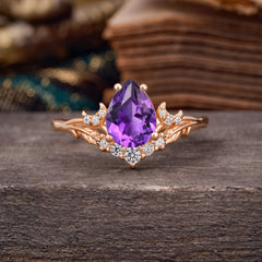 Nature and Moon-Inspired 4-Prong Pear-Cut Natural Amethyst Engagement Ring