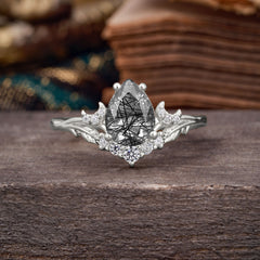 Nature and Moon-Inspired 4-Prong Pear-Cut Natural Black Rutilated Quartz Engagement Ring