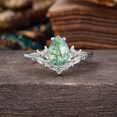 Nature and Moon-Inspired 4-Prong Pear-Cut Natural Moss Agate Engagement Ring