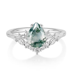 Nature and Moon-Inspired 4-Prong Pear-Cut Natural Moss Agate Engagement Ring