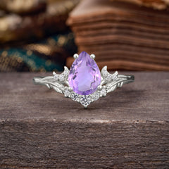 Nature and Moon-Inspired 4-Prong Pear-Cut Natural Amethyst Engagement Ring