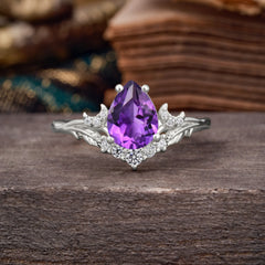 Nature and Moon-Inspired 4-Prong Pear-Cut Natural Amethyst Engagement Ring