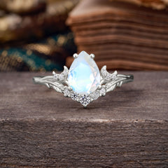 Nature and Moon-Inspired 4-Prong Pear-Cut Natural Moonstone Engagement Ring