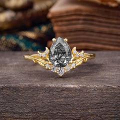 Nature and Moon-Inspired 4-Prong Pear-Cut Natural Black Rutilated Quartz Engagement Ring
